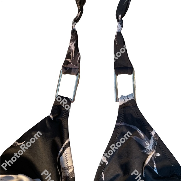 Black White Grey Leaf Print Bikini Tie Around the neck, Silver Plates for effect - Picture 6 of 10